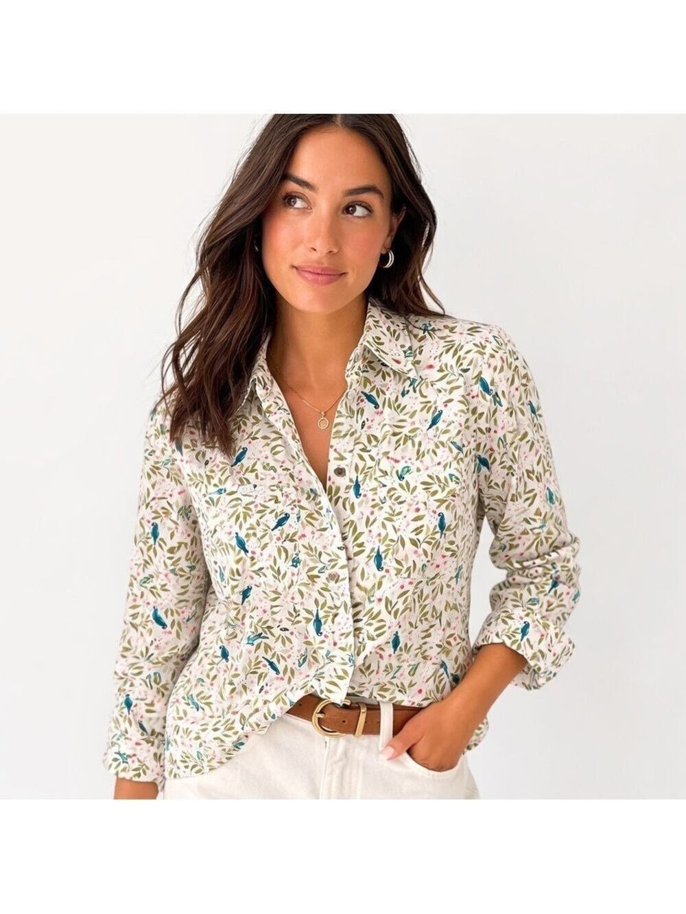 Croft & Barrow Petite Bird Print Button Down Blouse Cottagecore Top PS